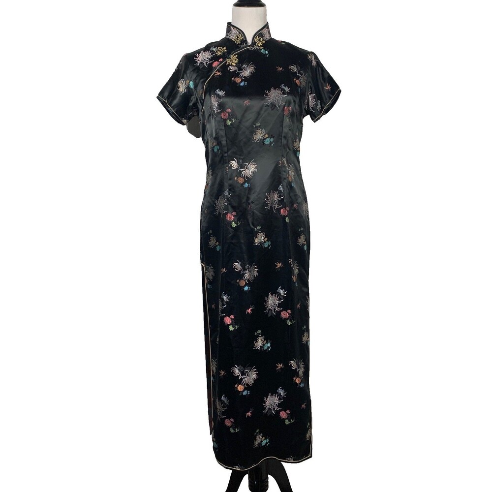 Vtg 70s Chinese Cheongsam Qipao Maxi Dress Black Floral Satin Rainbow Lining 38